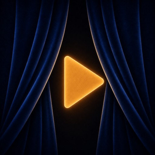 Blue theater curtains opening around a glowing amber play button